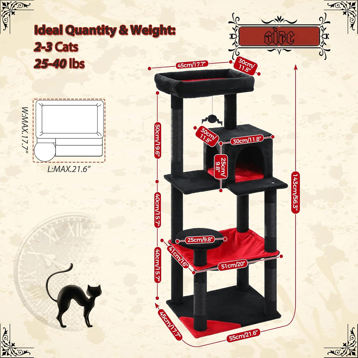 PETEPELA 56.3" Gothic Cat Tree for Indoor Cats, Tall Cat Tower with Super Large Hammock (20"X16")