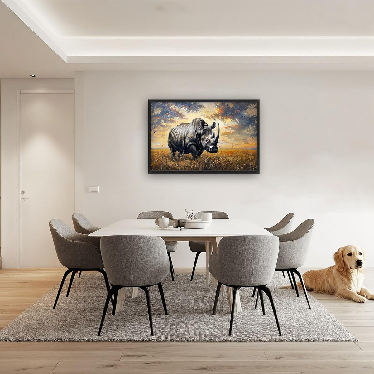 Rhino Large Wall Art Rustic Cool Wild Animal Rhinoceros Pictures Sunset Field Landscape Wall Decor
