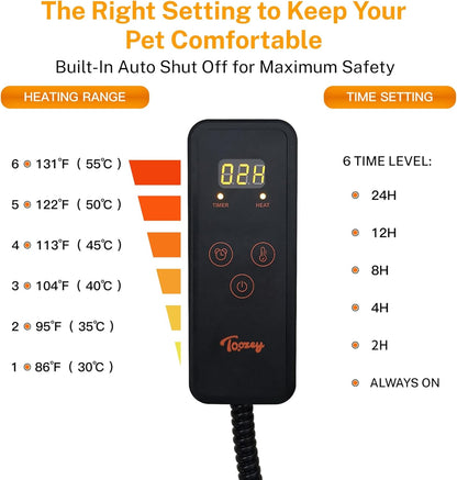 Toozey Medium Pet Heating Pad, 28x20 in, 6 Temp Settings, Timer, Waterproof, Chew-Resistant Cord