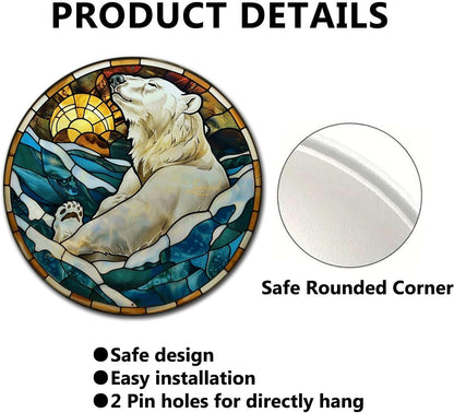 Lygond Metal Sign Tin Sign Circular Stained Glass Polar Bear Boho Decorations For Home For Gift 8×8