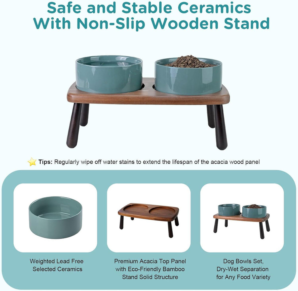 SPUNKYJUNKY Ceramic Elevated Dog Bowls Raised with Acacia Bamboo Wooden Stand, 6.1'' Dog Cat Food