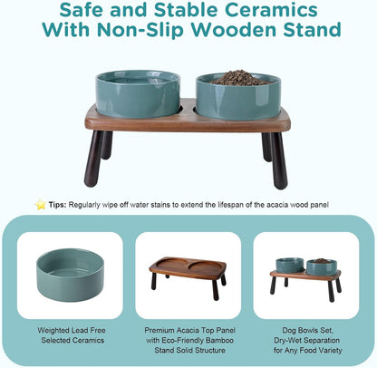 SPUNKYJUNKY Ceramic Elevated Dog Bowls Raised with Acacia Bamboo Wooden Stand, 6.1'' Dog Cat Food