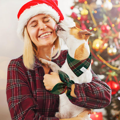 E-Clover Dog Bandana & Matching Scrunchie - Green Red Plaid Pet Scarf, Cute Costumes Accessories