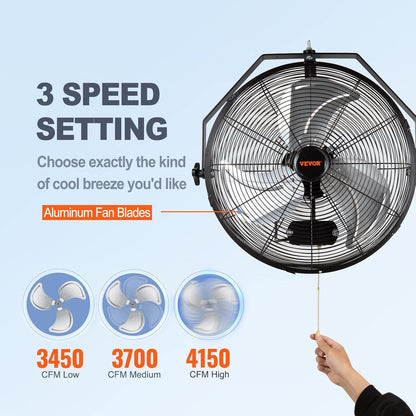 VEVOR 18 Inch Wall Mount Fan, 3-speed IP44 Waterproof, Max. 4150 CFM Wall Mounted Fan for Outdoor