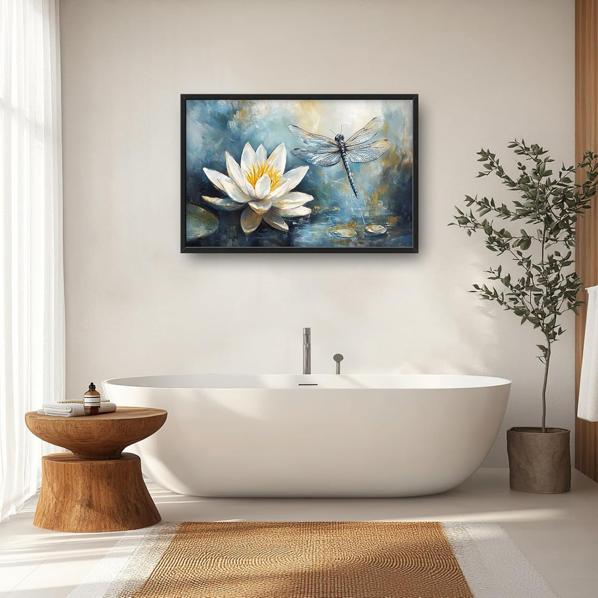 Extra Large Lotus Dragonfly Framed Wall Art for Living Room,Abstract Blue Lotus Flower Lake