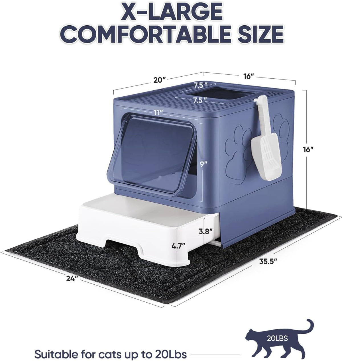 Cat Litter Box with X-Large Litter Mat and Scoop, Large Foldable Litter Box with Lid, Enclosed