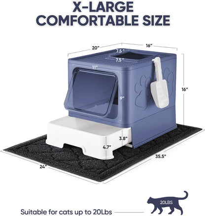 Cat Litter Box with X-Large Litter Mat and Scoop, Large Foldable Litter Box with Lid, Enclosed