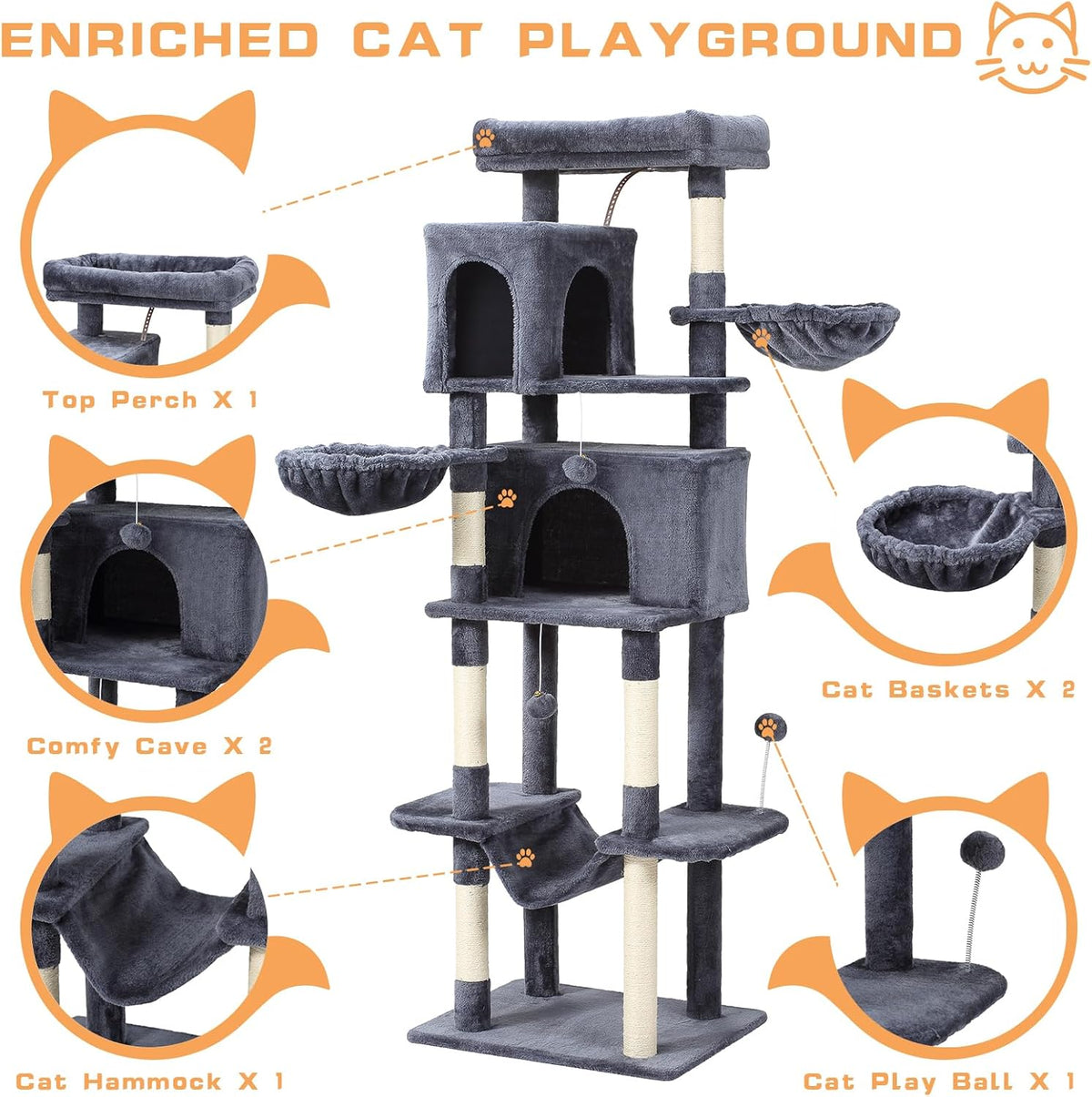 70-Inch Cat Tree,Large Cat Tree Tower with Hammock, Scratching Post, Condo and Multi-Level Cat