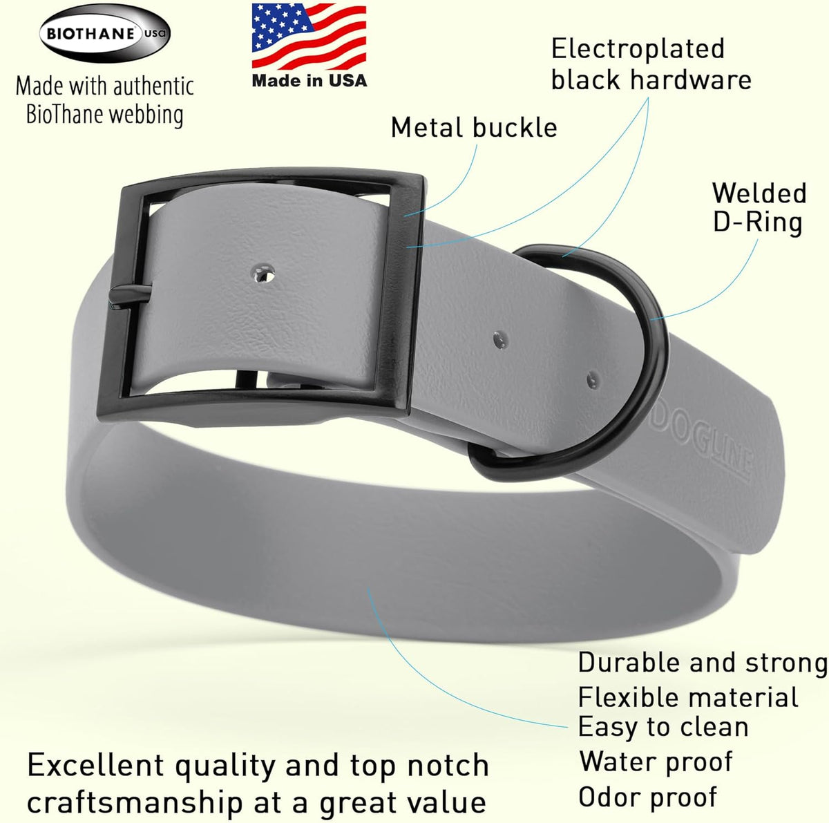 Dogline Biothane Waterproof Dog Collar Strong Coated Nylon Webbing with Black Hardware Odor- Proof