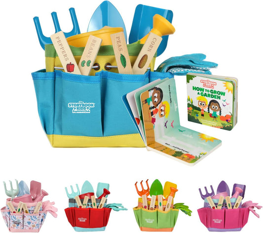 Blue Kids Gardening Tools - Includes Sturdy Tote Bag, Watering Can, Gloves, Shovels, Rake, and