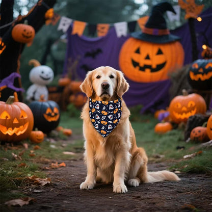 Halloween Dog Bandana for X-Large Dogs - Reversible Black Skull Pumpkin Print Scarf - Soft &