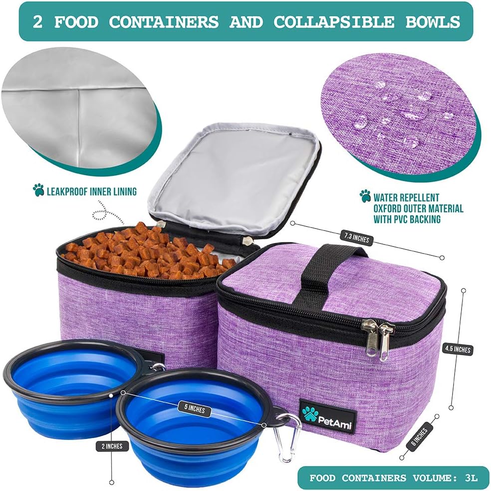 PetAmi Dog Travel Bag, Travel Pet Bag Organizer, Dog Food Travel Bag with Food Container and Bowls