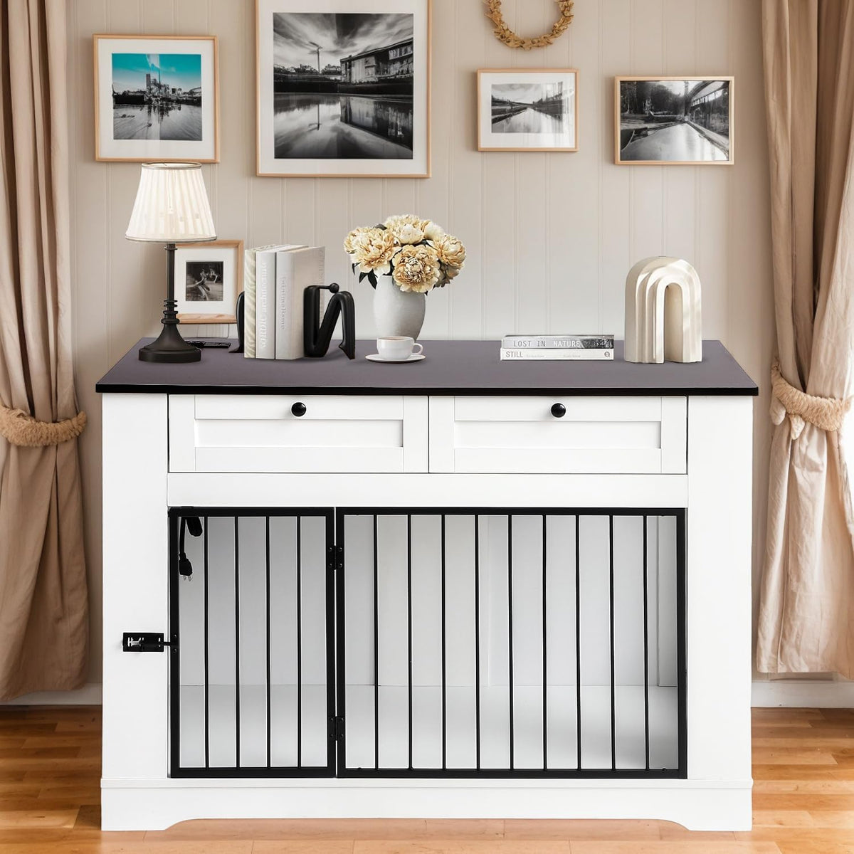 Large Dog Crate Furniture-Decorative Heavy Duty Dog Cage Indoor, Wooden Dog Cage End Table with