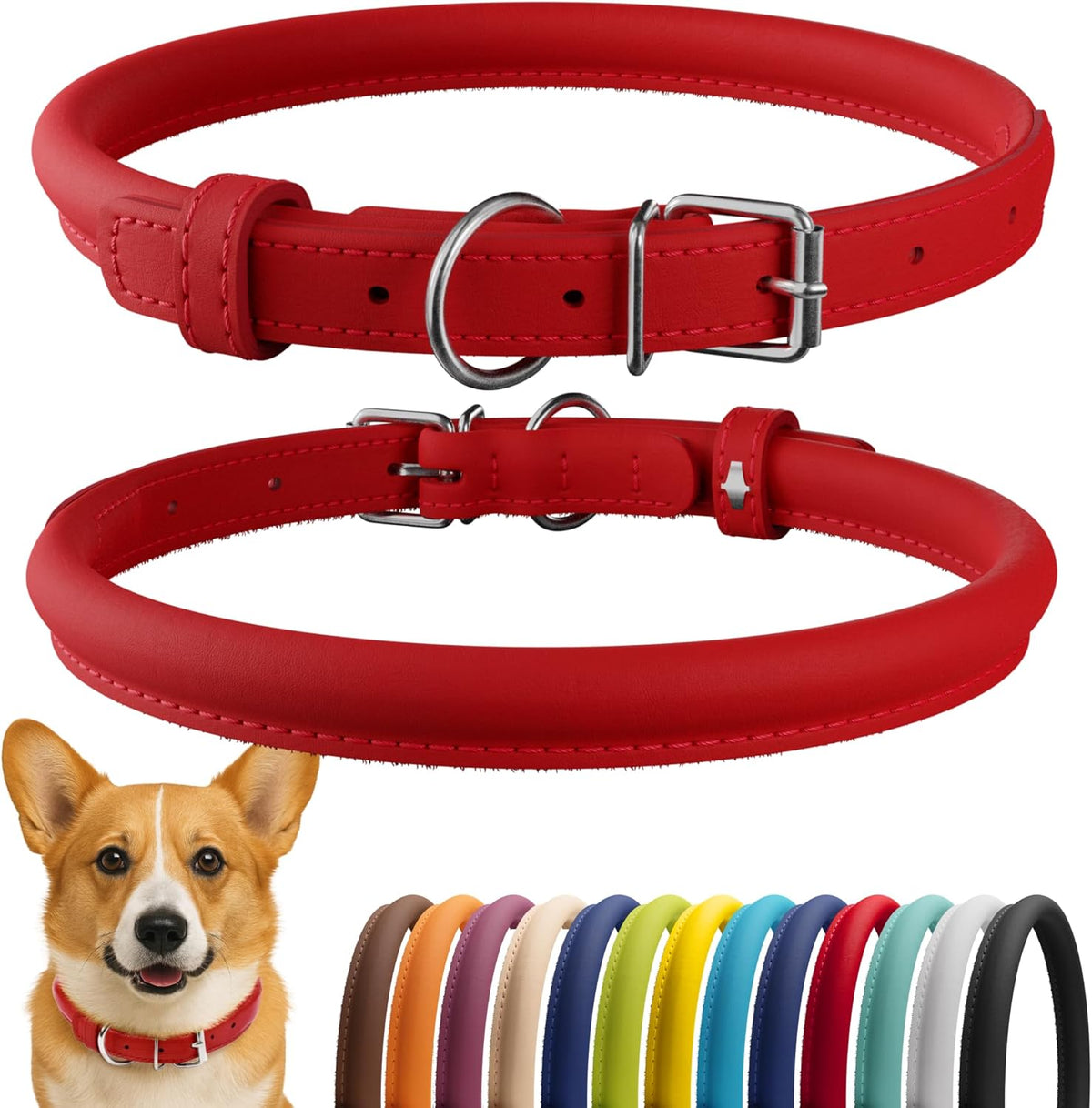 CollarDirect Rolled Leather Dog Collar, Soft Padded Round Puppy Collar, Handmade Genuine Leather