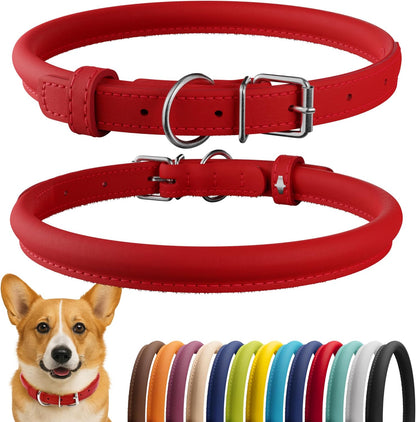 CollarDirect Rolled Leather Dog Collar, Soft Padded Round Puppy Collar, Handmade Genuine Leather