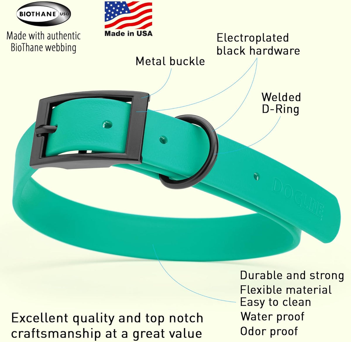 Dogline Biothane Waterproof Dog Collar Strong Coated Nylon Webbing with Black Hardware Odor- Proof