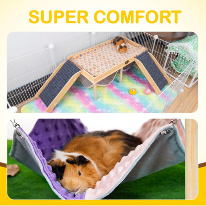 Enlarged Guinea Pig Hammock with Platform and Stairs,Wooden Foldable Piggies Hideout for Guinea