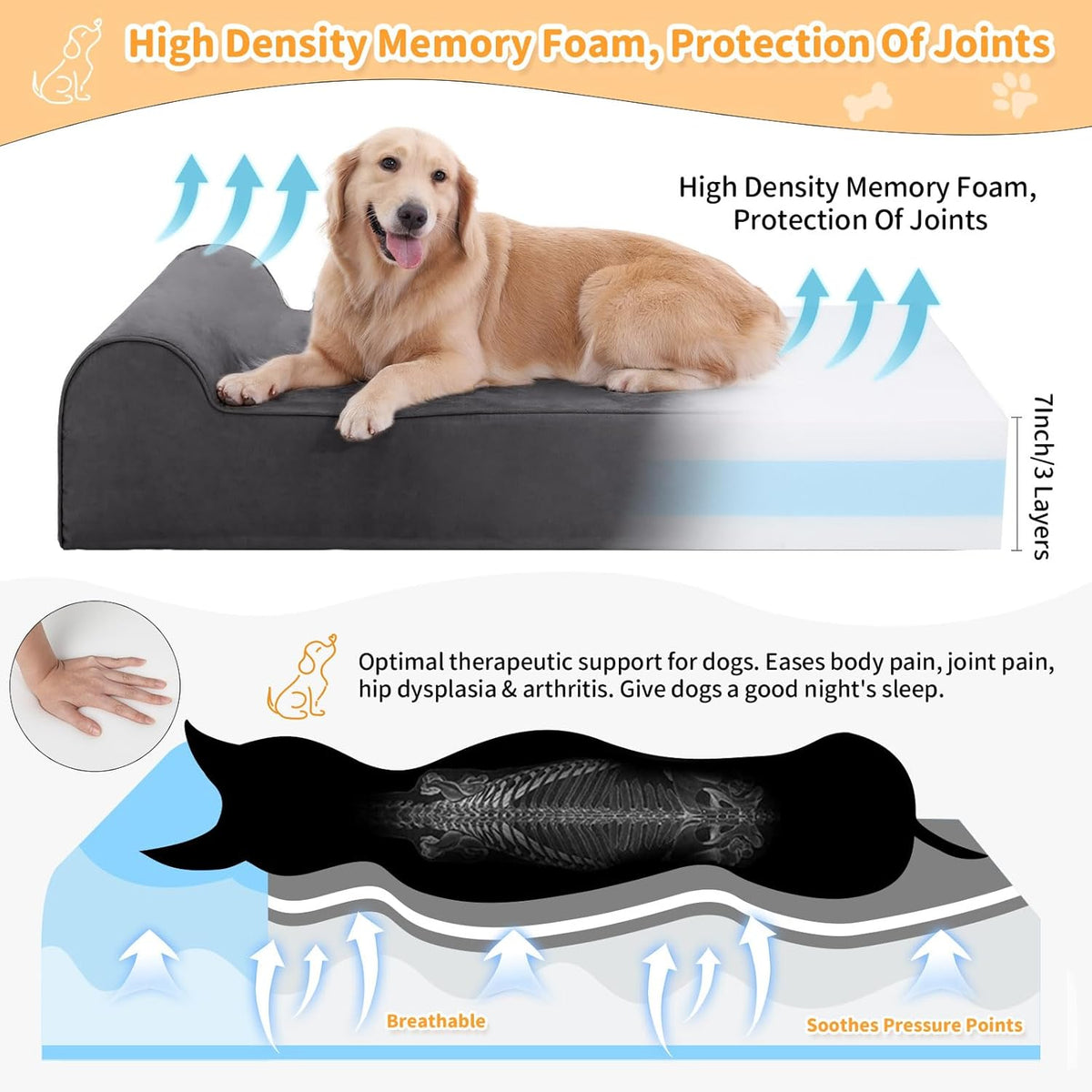 Large Orthopedic Dog Bed, 7" Memory Foam with Waterproof Liner, Chew Resistant Microsuede Cover