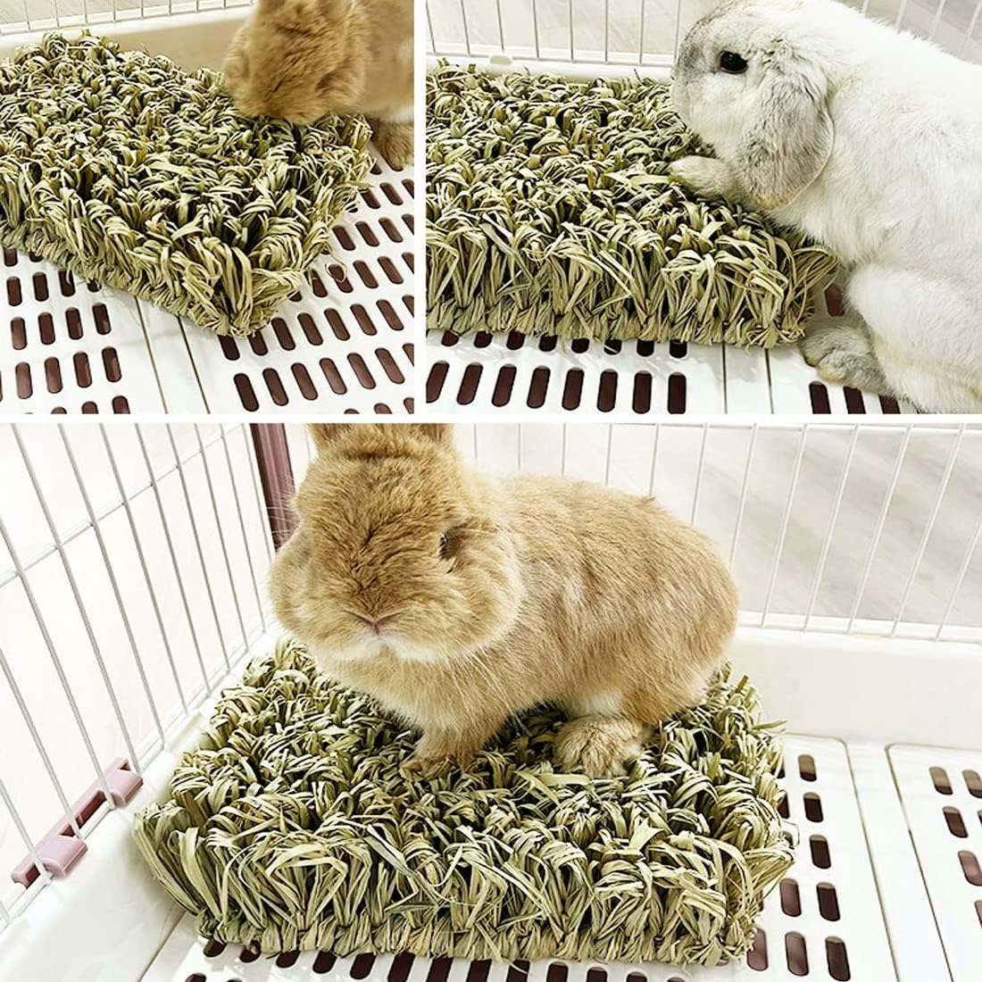 Hamiledyi Rabbit Grass Bed Bunny Natural Straw Woven Mat Guinea Pig Hay Mat Chew Mat for Rabbit