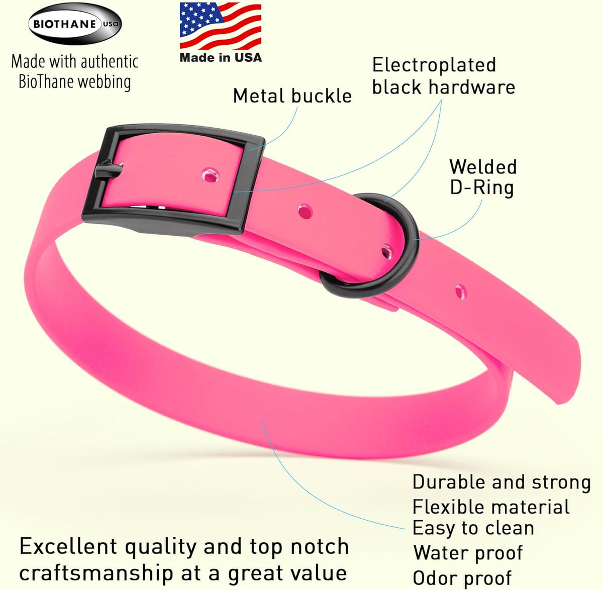 Dogline Biothane Waterproof Dog Collar Strong Coated Nylon Webbing with Black Hardware Odor- Proof