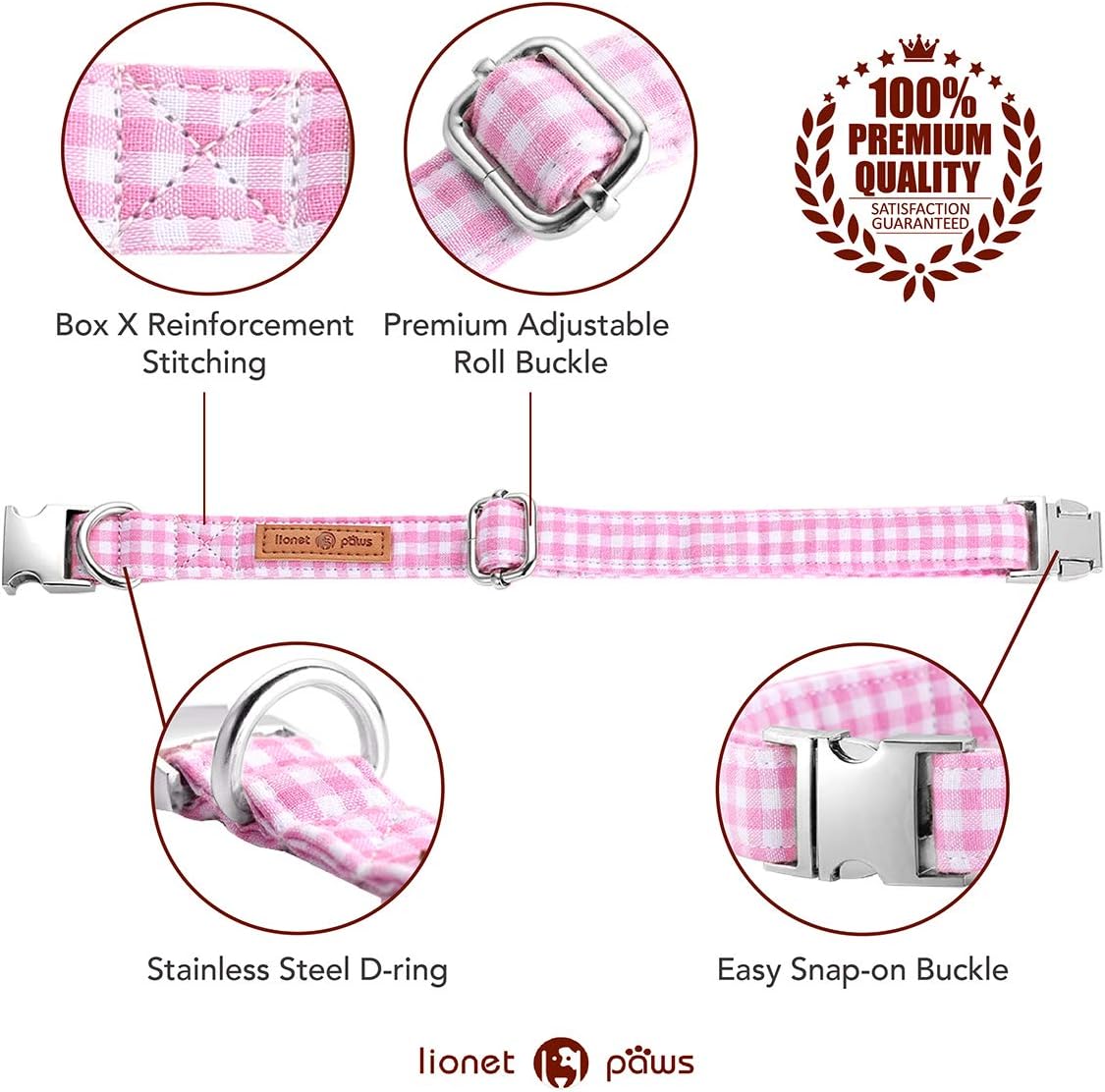 Lionet Paws Dog Collar with Bowtie, Comfortable Adjustable Cute Pink Gingham Bow Tie Collar for