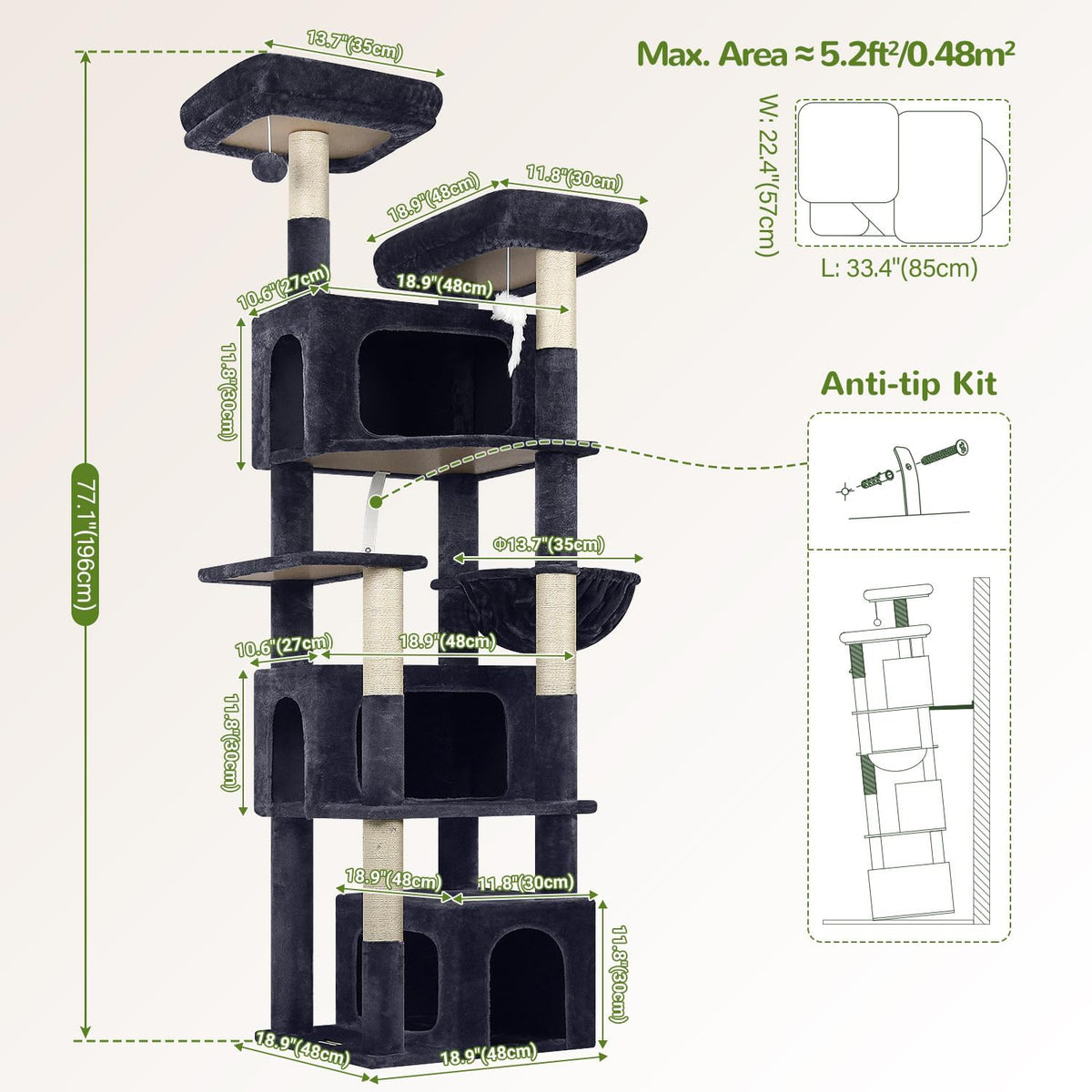 Globlazer Sturdy Cat Tree for Large Cats, 77 inch Large Cat Climbing Tower for Indoor Adult Cats