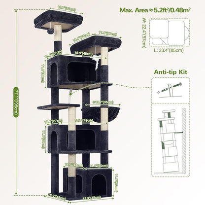 Globlazer Sturdy Cat Tree for Large Cats, 77 inch Large Cat Climbing Tower for Indoor Adult Cats