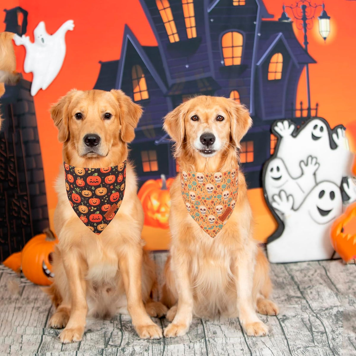 PTDECOR Halloween Dog Bandana, Skeleton Pumpkin Reversible Holiday Dog Scarf, Triangle Halloween