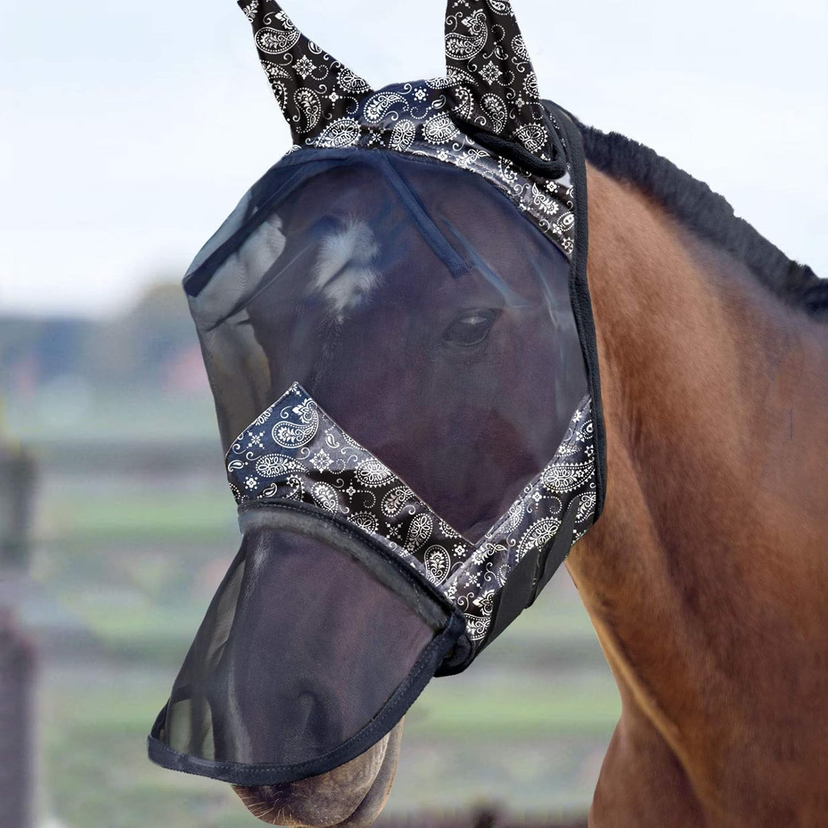 Harrison Howard LumiVista Horse Fly Mask Long Nose with Ears UV Protection for Horse Pine Cones L