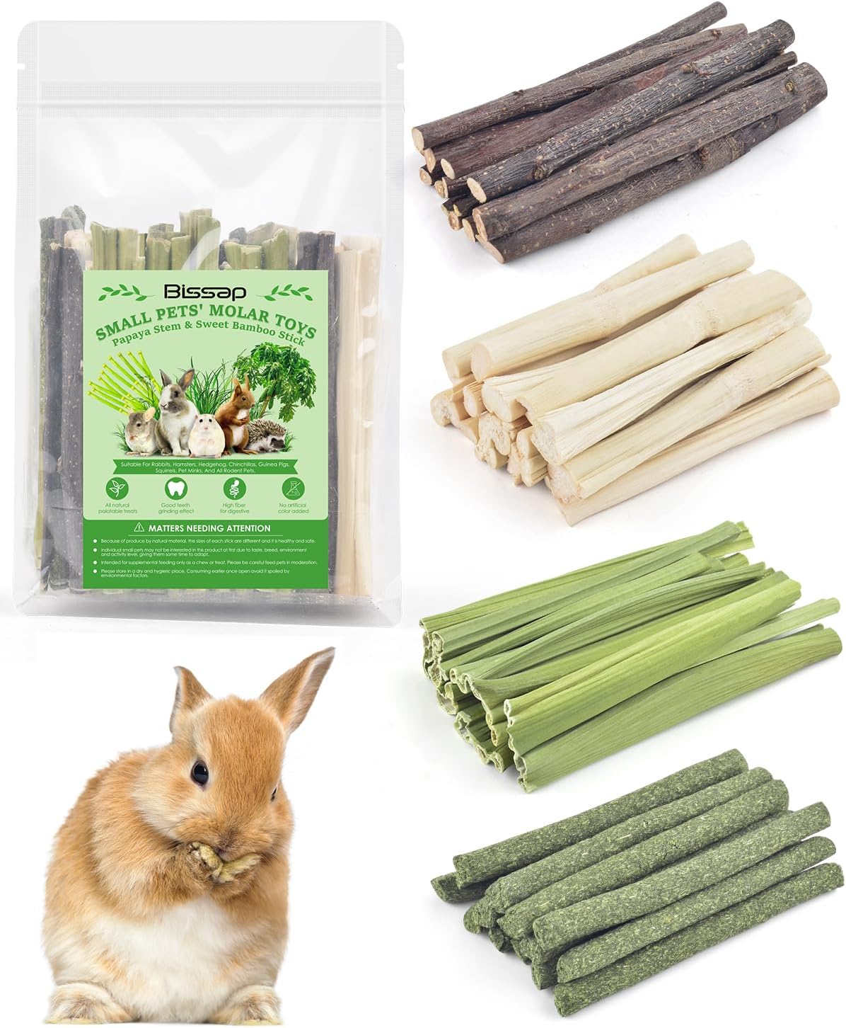 Bissap 60 PCS Rabbit Chew Sticks, Sweet Bamboo Timothy Hay Chew Stick Papaya Stems Apple Branch