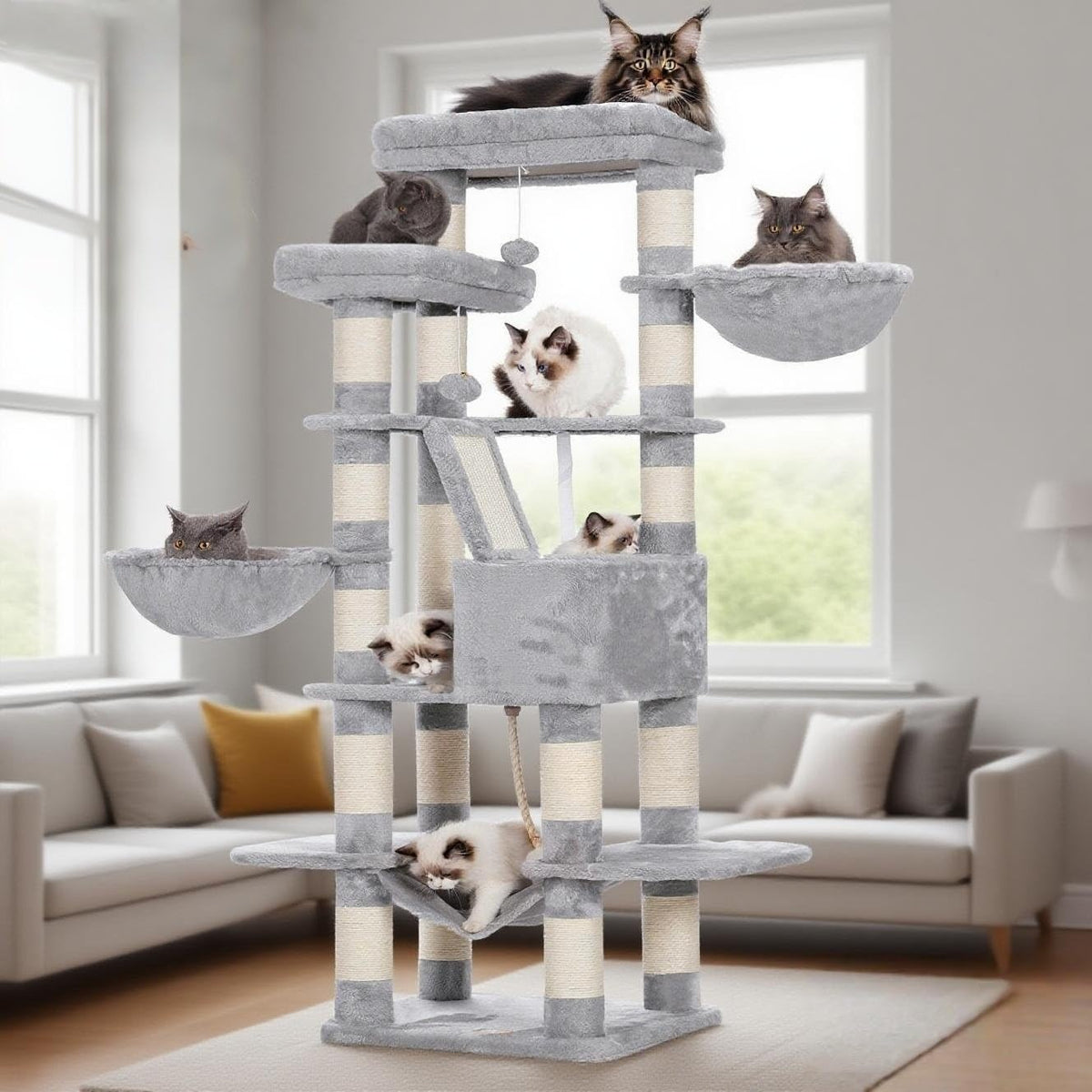 Heybly Cat Tree, 68 inch Multi-Level Cat Tower for Indoor Cats, 2 Widened Plush Perches Cat Condo
