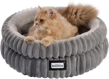 BALANCE Cat Bed Kitten Bed, Washable Round Cat Beds for Indoor Cats, Super Soft Plush Faux Fur Pet