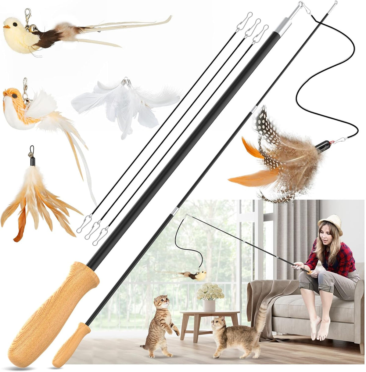 ROSAUI Cat Teaser Wand Toys, Interactive Bird Toys for Indoor Kittens, 42.15’’ Long Cat Fishing