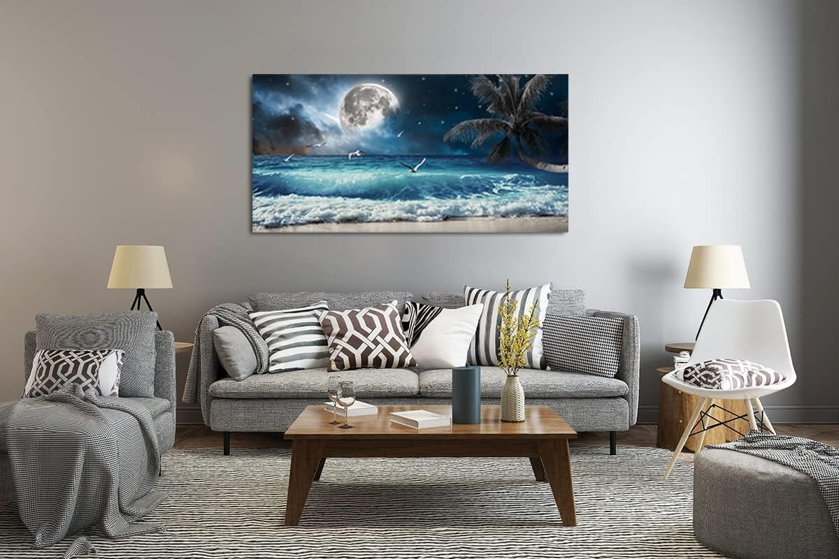 Yxbhhym large Moon Ocean Wall Art Seascape Painting Sea Pictures Canvas Wave Blue Beach Artwork for
