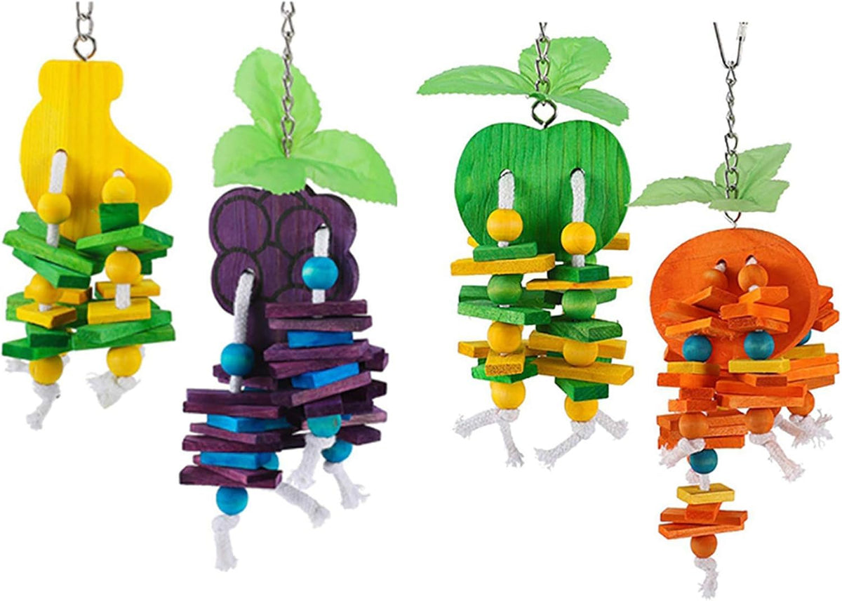 Hamiledyi Natural Wood Block Bird Cage Toys Parrot Chewing Toy Orange&Apple& Banana&Grapes Shaped