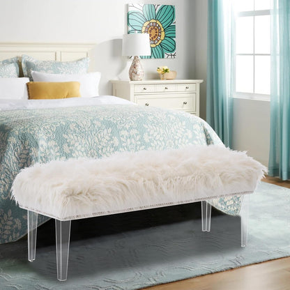 46 Inch White Bedroom Bench, Benches for Bedroom White Faux Fur Upholstered Bed end Bench, Tufting