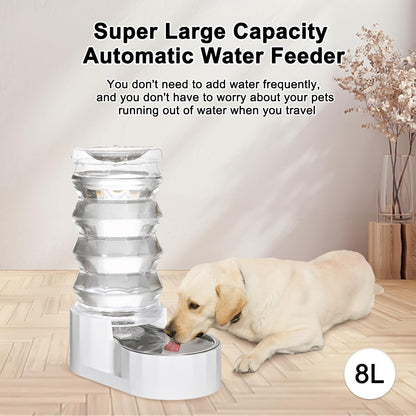 RIZZARI Large Gravity Water Dispenser: 8L Automatic Dog Water Feeder with Stainless Steel Bowl for