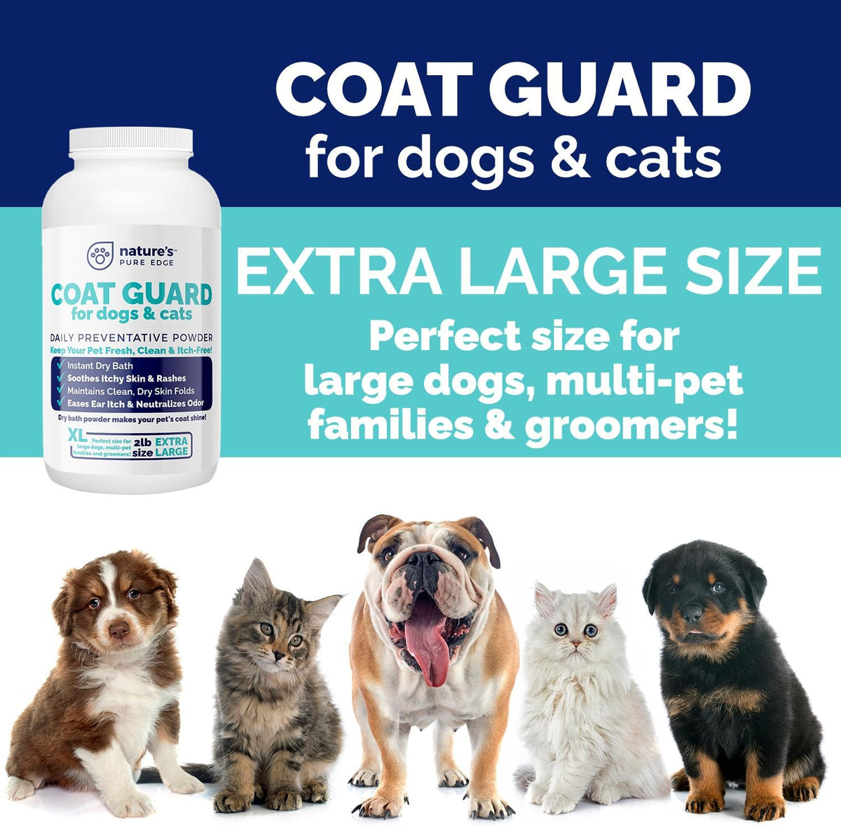 Coat Guard Dry Shampoo for Dogs and Cats - Extra Large 2 lbs Jar, Dog Dry Shampoo Powder, Waterless