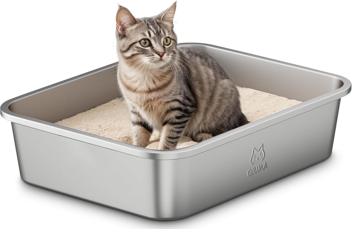 Stainless Steel Cat Litter Box, Metal Kitty Litter Box for Small Cats, Non-Stick, Easy to Clean