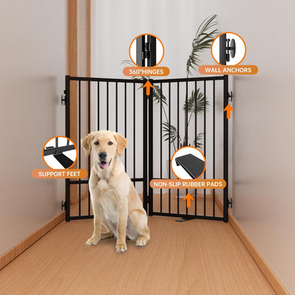 Full Metal Freestanding Dog Gate with Door, 32''Height Foldable Pet Dog Fence for Indoor & Outdoor