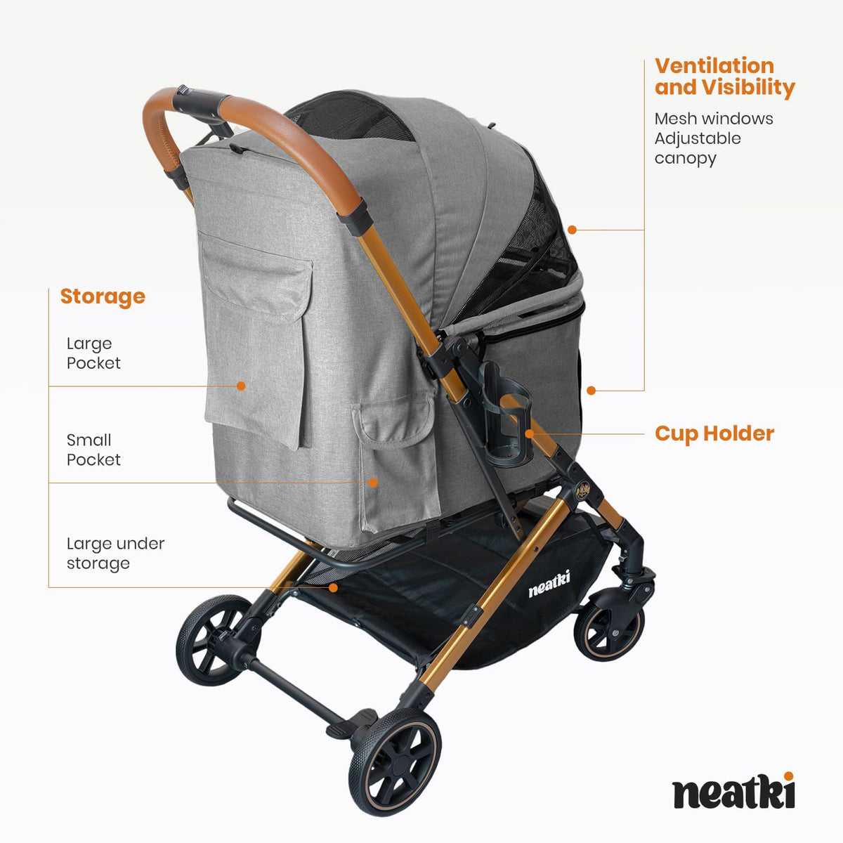 Foldable Pet Stroller for Dogs and Cats, 33 lbs Capacity, 360° Swivel Front Wheels, One-Click Fold