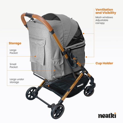 Foldable Pet Stroller for Dogs and Cats, 33 lbs Capacity, 360° Swivel Front Wheels, One-Click Fold