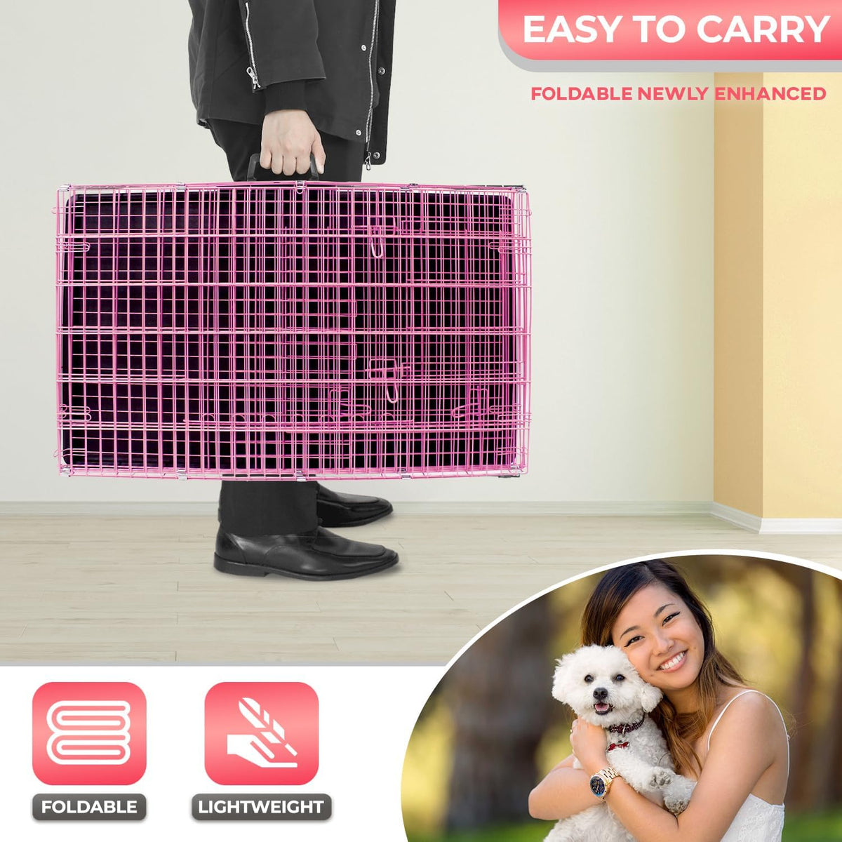 FDW Dog Crate for Small Dogs 24 Inch Folding Metal WirePet Cage Double Door W/Divider Panel Indoor