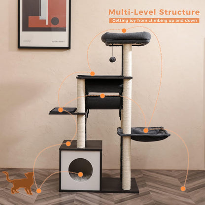 PEQULTI 51.4 Inches Modern Cat Tree Premium 6 Levels Wooden Cat Tower with Fully Sisal Covered