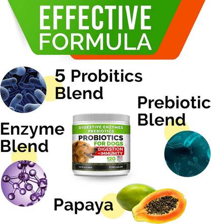 StrellaLab Dog Probiotics Treats for Picky Eaters - Digestive Enzymes + Prebiotics - Chewable Fiber