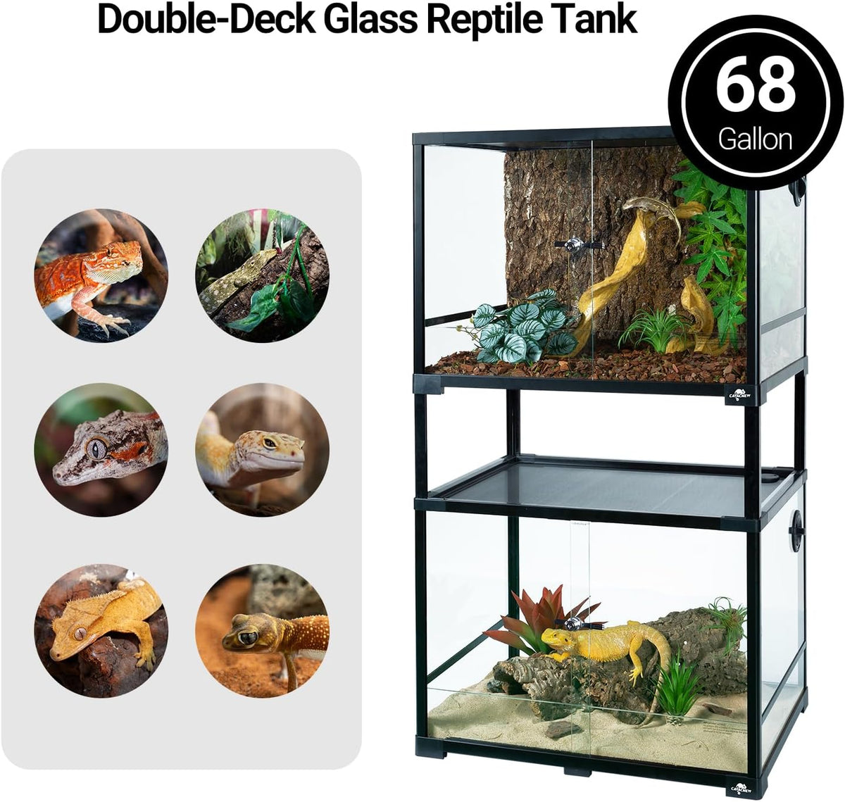 Double Stacked Reptile Tank, 24" x 18" x 44" Tall Reptiles Terrarium, Front Opening, Full Vision