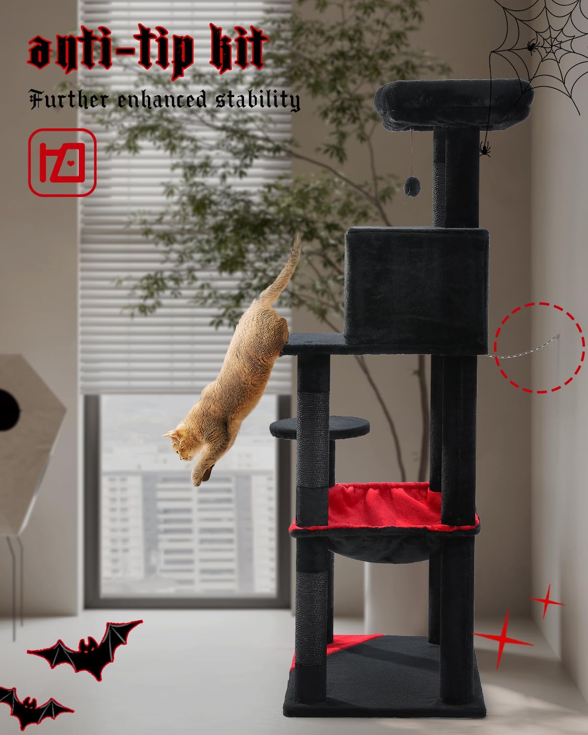 Gothic Cat Tree with Super Large Hammock, 56.3" Black Cat Tower with Coffin Bed, Cat Condo, Sisal