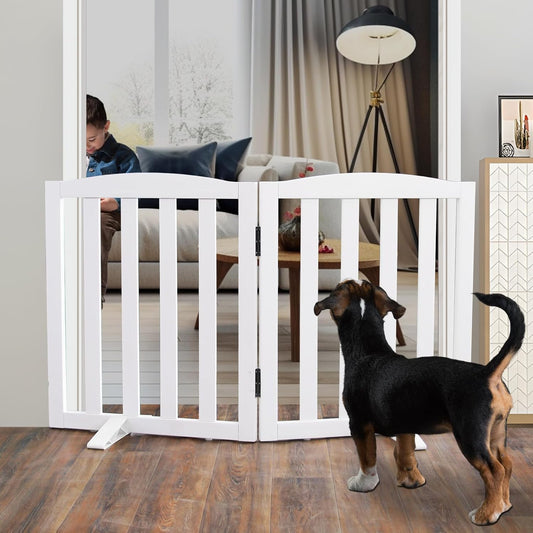 ZJSF Foldable Freestanding Indoor Dog Gate for House Wood White Long Pet Gates Dog Fence for Stairs
