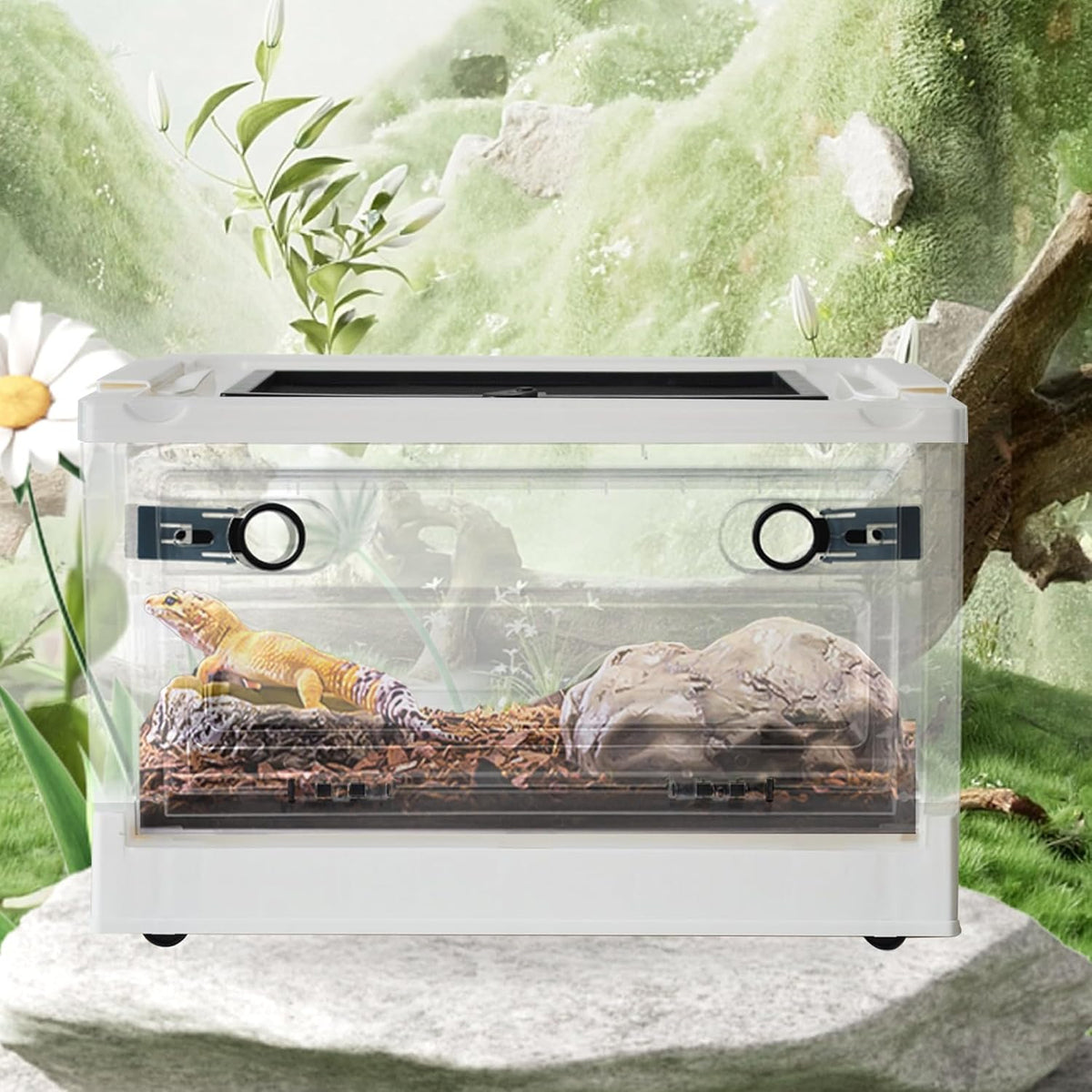 PINVNBY Plastic Reptile Feeding Box with Wheels,Reptiles Breeding Enclosure Cages Transparent