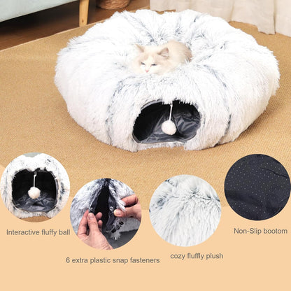Cat Tunnel with Cat Bed for Indoor Cats, Soft Plush Peekaboo Cat Cave Donut Tunnel, Multifunctional